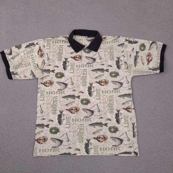 Fishing Print Polo Shirt Mens Large Hook Line Sinker Outdoor Fisherman Cotton - Picture 2 of 10